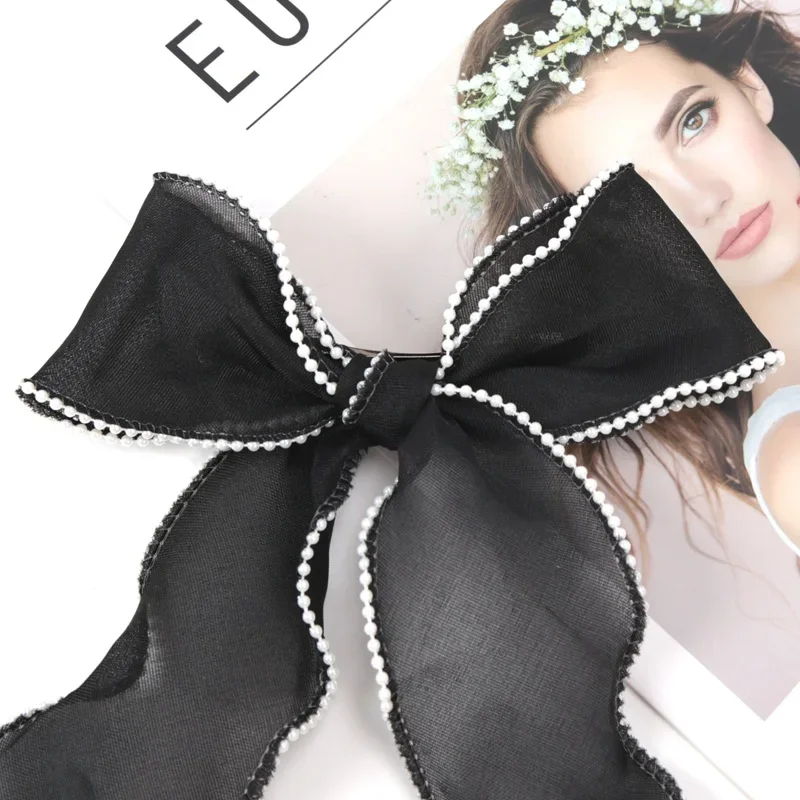 Women Korean Pearl Streamer Bows Hair Clip Ponytail Hairpin Duckbill Clip Pearl Chiffon Bowknot Hair Grips Barrettes Headdress