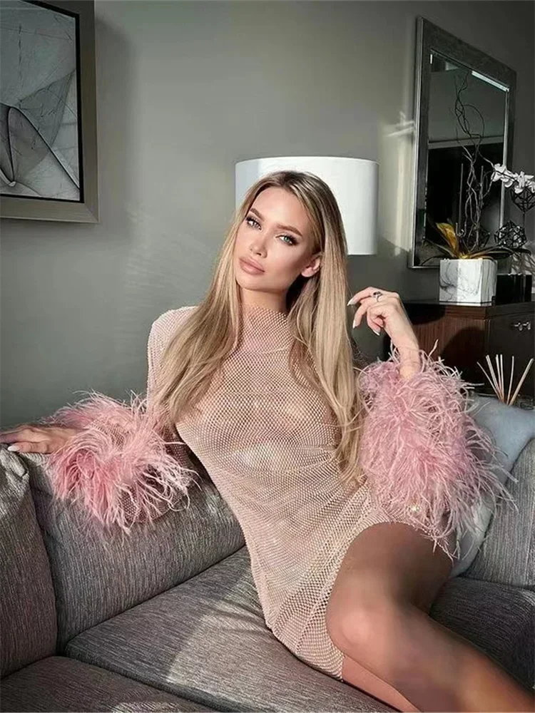 Minivestido transparente con purpurina esponjosa para mujer