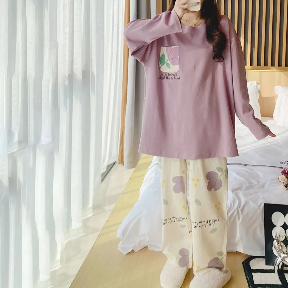 Long-Sleeved Women's Two-Piece Pajamas Large Size Loose Fit Pajama Suit Cotton Material Soft Fabric Homewear Suit Maternity Use