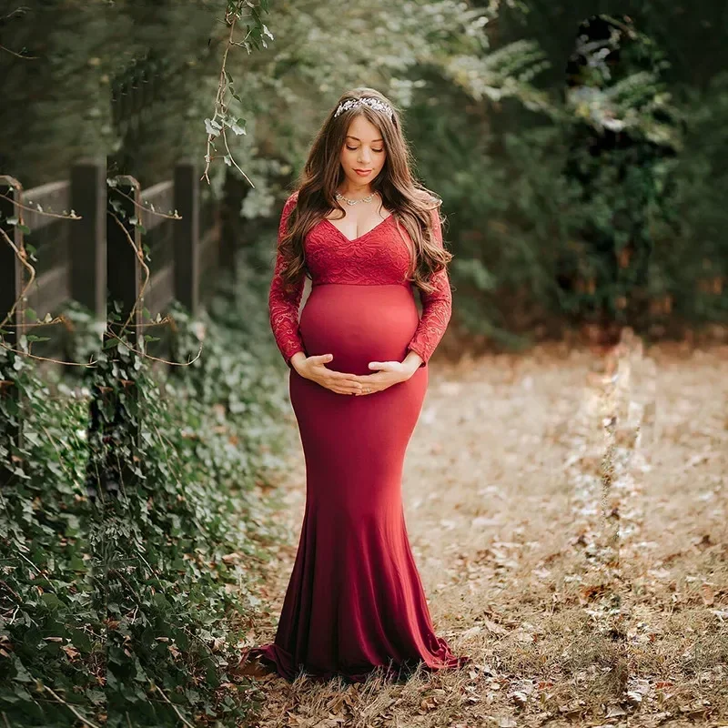 

Maternity Mermaid Dress for Photo Shoot Pregnancy Long Sleeve Off Shoulder Lace Elegant Fitted Gown Maxi Photography Dress