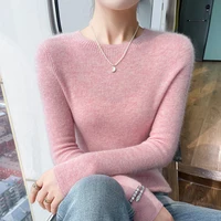 Women's O-neck solid color autumn and winter sweater thick pullover 100% cashmere soft and slim Korean popular clothes tops. 2
