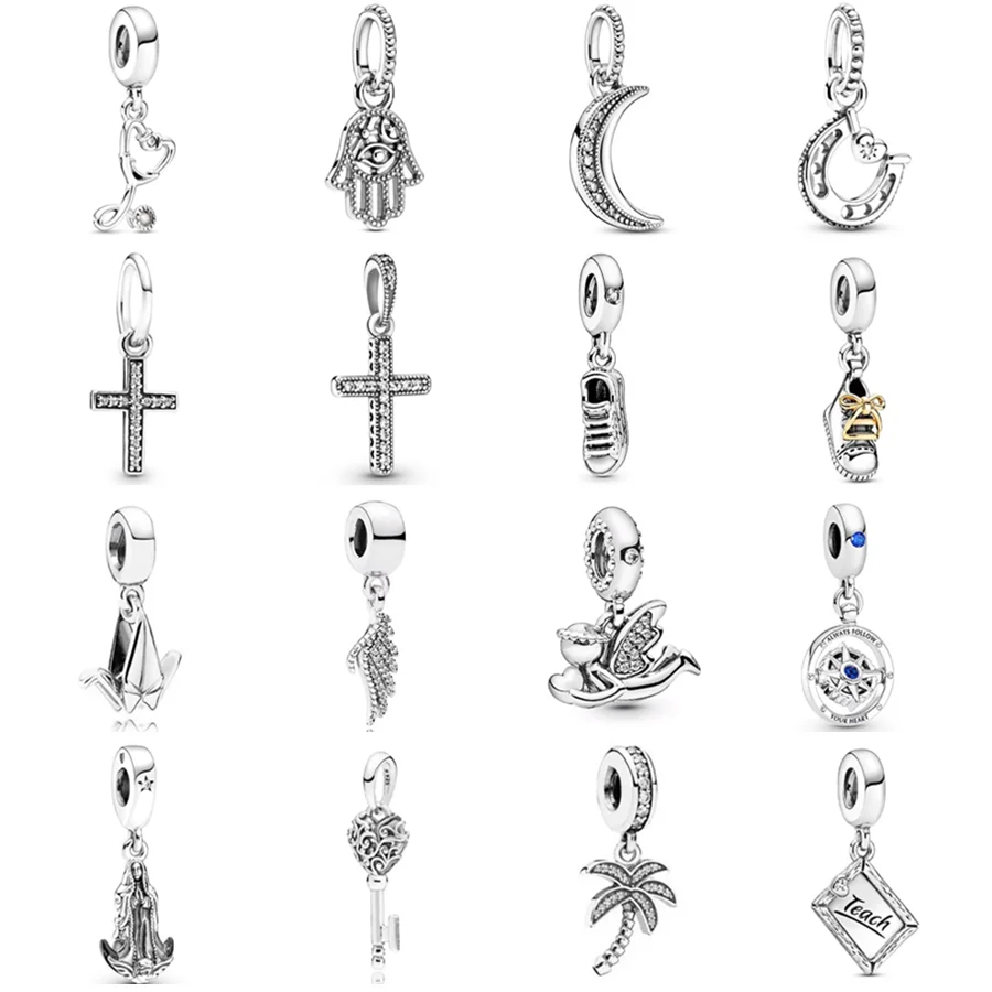 Silver 925 Moon Stethoscope Cross Dangle Pendant Charm Bead Gift Fit