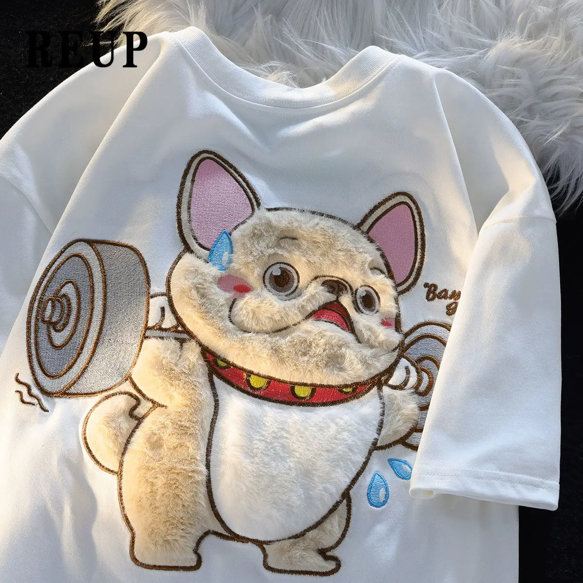 

Cotton Furry Puppy Cartoon Flocked Embroidery Loose Short Sleeve T-shirt Women's Summer Cute Style Couple Top Kawaii Tees