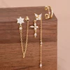 Ensemble de 3 paires de boucles d'oreilles de luxe pour femmes, motif fleur, papillon, chaîne à pampilles, en zircon, avec clips d'oreille sans perçage, bijoux de style urbain