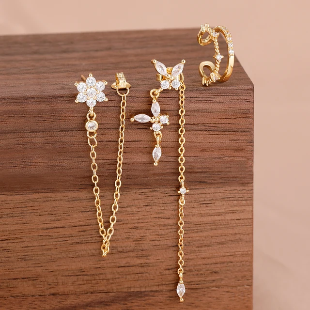 Ensemble de 3 paires de boucles d'oreilles de luxe pour femmes, motif fleur, papillon, chaîne à pampilles, en zircon, avec clips d'oreille sans perçage, bijoux de style urbain