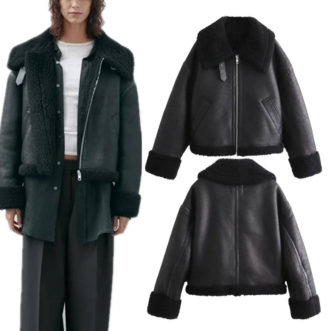 Dave&Di Winter Coat Women British Fashion Zipper Jacket Women Leather  Motorcycle High Street Loose Black Vintage Jacket