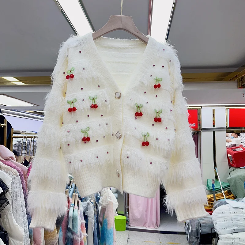 

2023 Autumn Winter New Loose Grunge Outerwear Diamonds Cherry Design Sense Sweater Women Single-breasted Sweet Chic Cardigan Y2k