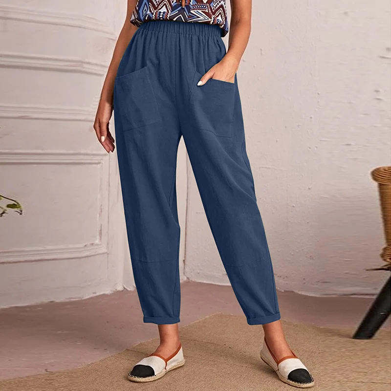 Cotton Linen Women Summer Outdoor Harem Pants Casual Loose Button High Waist Pocket Trousers Vintage All-Match Yoga Baggy Pants