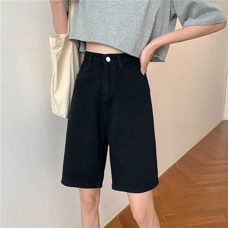 

Korean Style Women Denim Shorts Jeans Summer Vintage High Waist Loose Straight Knee-Length Pants Casual Slim Cycling Mokijins