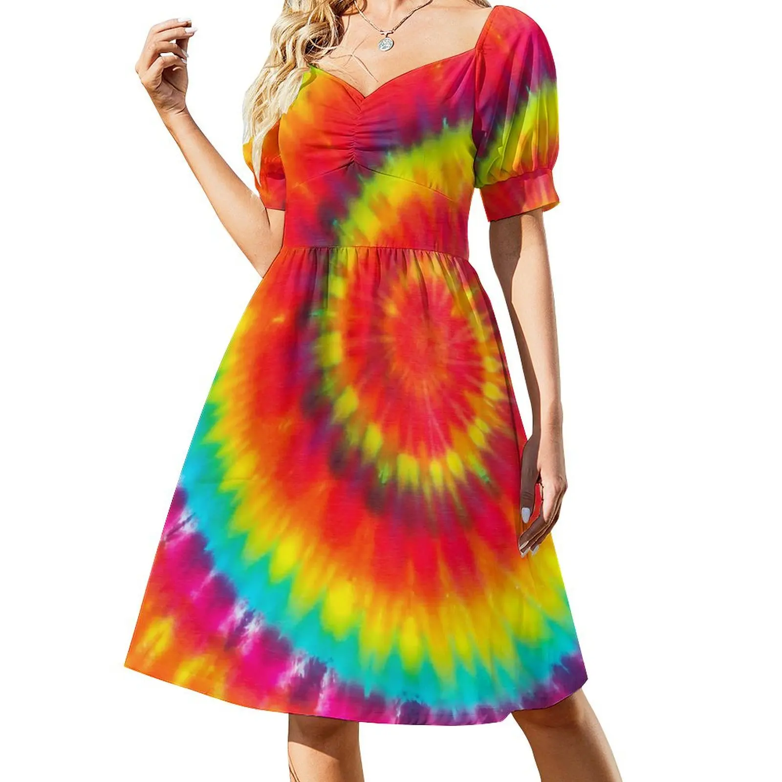 

Rainbow Print Casual Dress Colorful Tie Dye Aesthetic Dresses Vintage Dress Woman V Neck Big Size Vestido