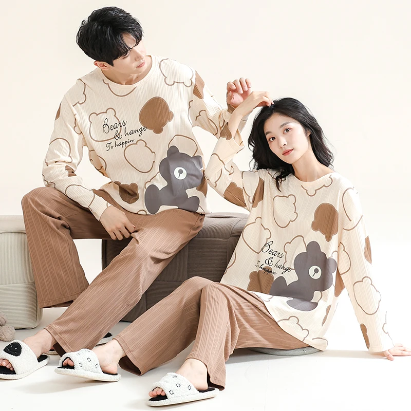 Couple's Pijama Sets M-3XL Autumn Spring Pajamas Lovely Cartoon Sleepwear Cotton Pyjamas For Women Man Top Pant Leisure Outwear