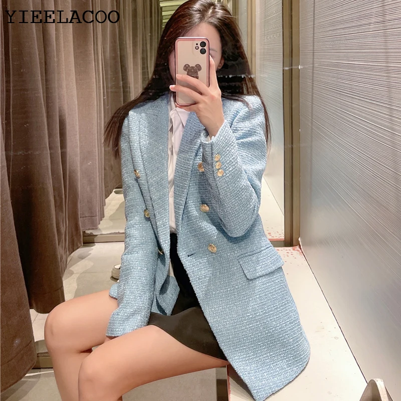 screech Igangværende tyfon Light Blue Tweed Jacket Casual Textured Small Fragrant One-piece Spring /  Autumn Women's Double Breasted Suit Coat Ladies - Jackets - AliExpress