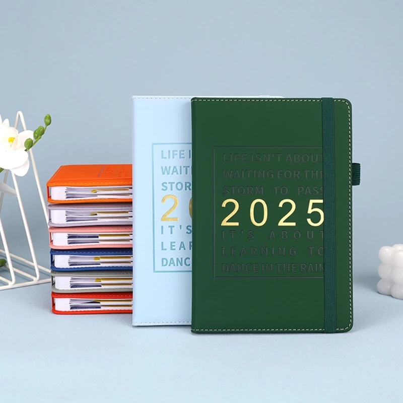 2025 고무 밴드가 포함된 가죽 플래너, 펜 홀더, 시간표, 교사 학생을 위한 2025 저널 노트 학업 일기