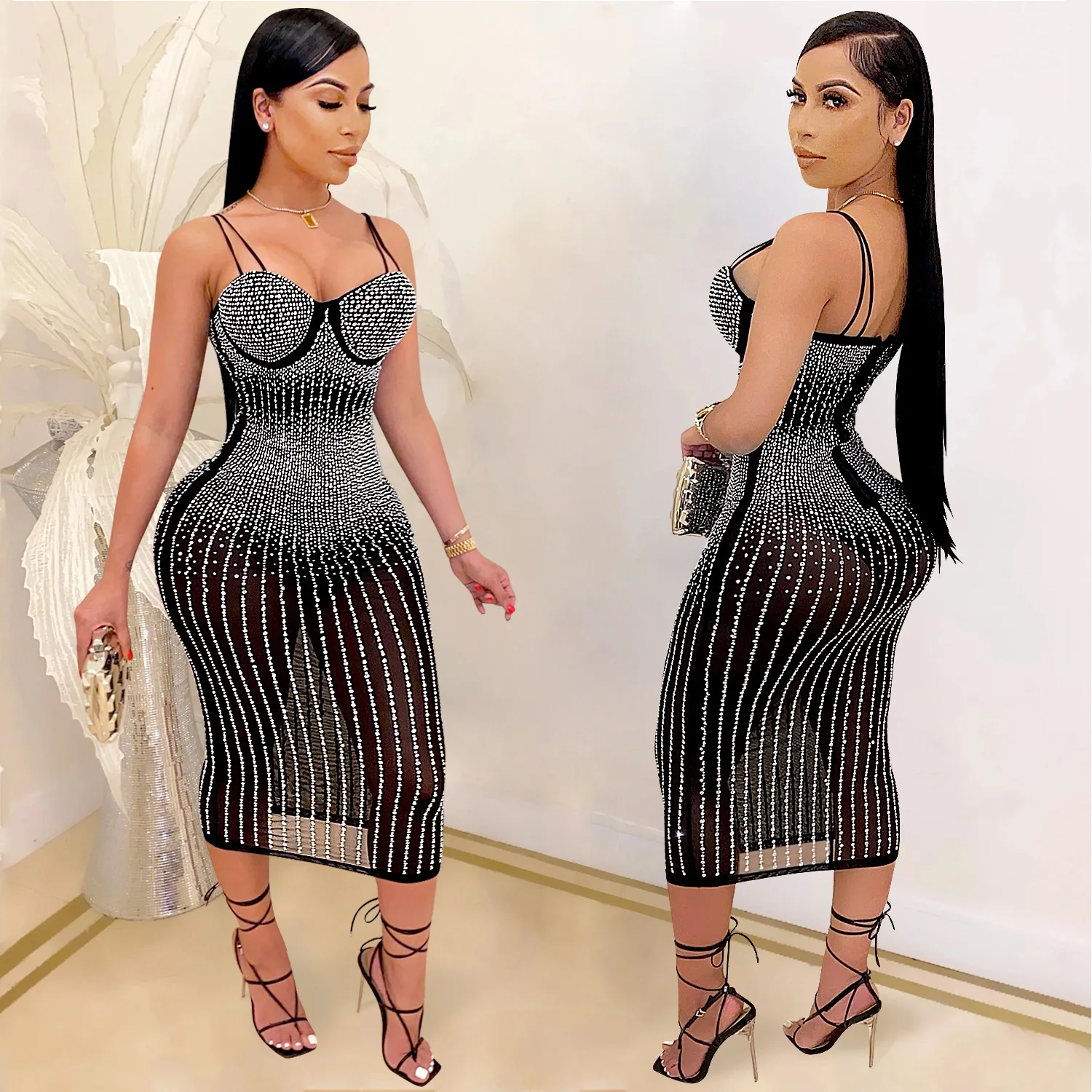 

Elegant Sheer Mesh Diamonds Patchwork Long Sleeve Long Dress Sexy See Through Party Club Dresses Women Outfit Vestidos