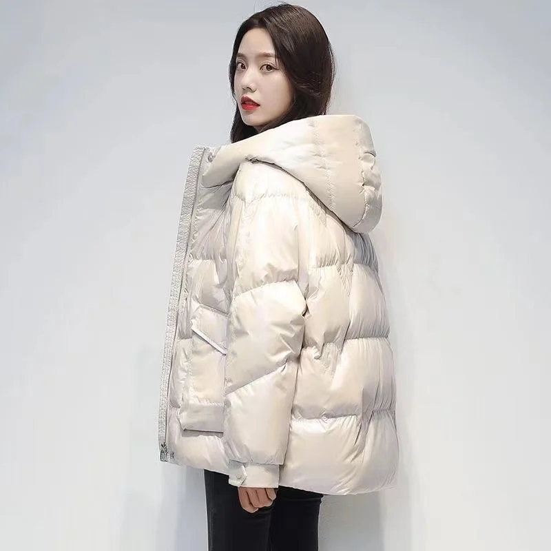 2023 New Glossy Down Cotton Jacket Women Winter Loose Hooded Thicken Warm Outwear Casual Female Parkas Overcoat