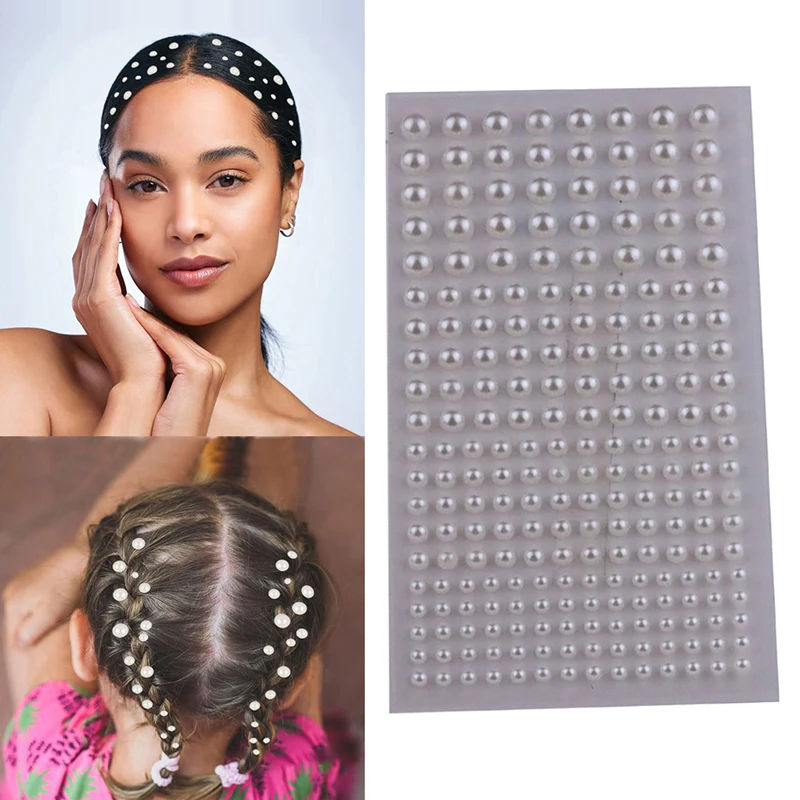 220pcs/Sheet Mix 3mm/4mm/5mm/6mm Hair Pearls Stick On Self Adhesive Pearls Stickers Face Pearls Stickers for Hair Face Makeup 3