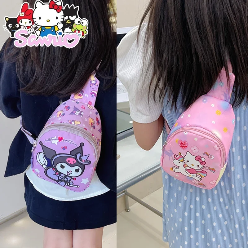 

Sanrio Anime Figure Cinnamoroll Kuromi Kids Backpack Hello Kitty Chest Bag Large Capacity Bag Casual Boys Girls Messenger Bag