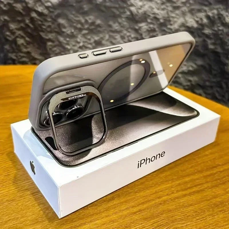 Premium Transparent Magnetic Wireless Charging Case with Metal Stand and Glass Lens Protection