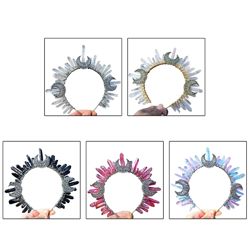 

Для Необработанного Кристалла Кварц Ювелирные Изделия Тиара Оголовье Ретро Металл Луна Ведьма Волшебник Корона Свадебная для