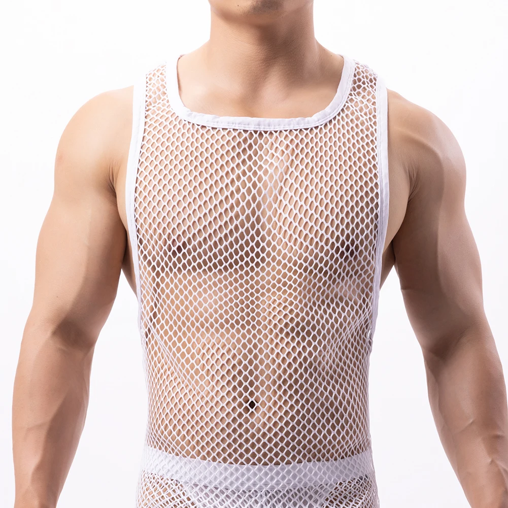 Regatas de malha masculina transparente Eotic Roupas Fishnet oco para fora singlet sem mangas colete transparente magro camisas de fitness