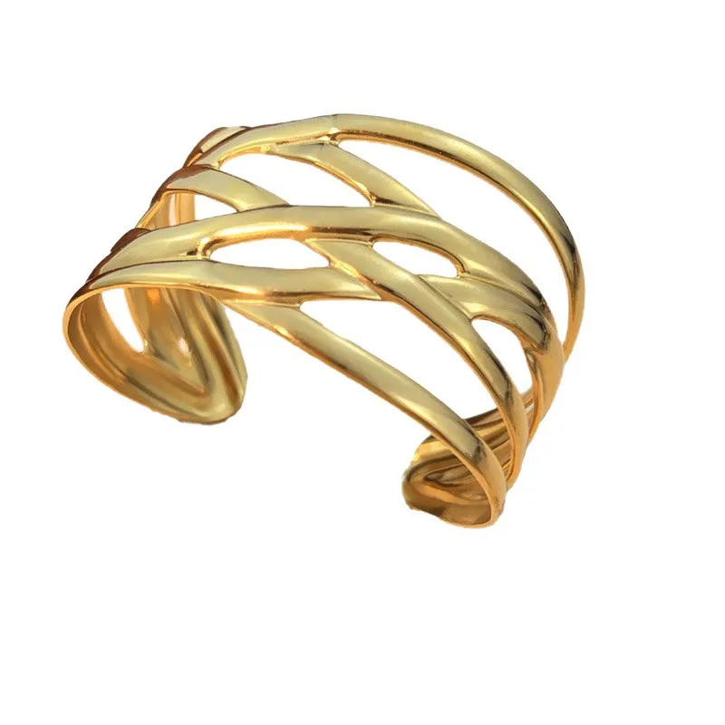 Vintage Hollow Out Metal Open Bangle Waterproof Stainless Steel Multi-layer Crisscross C-shape Wide Bracelet Femal Punk Jewelry