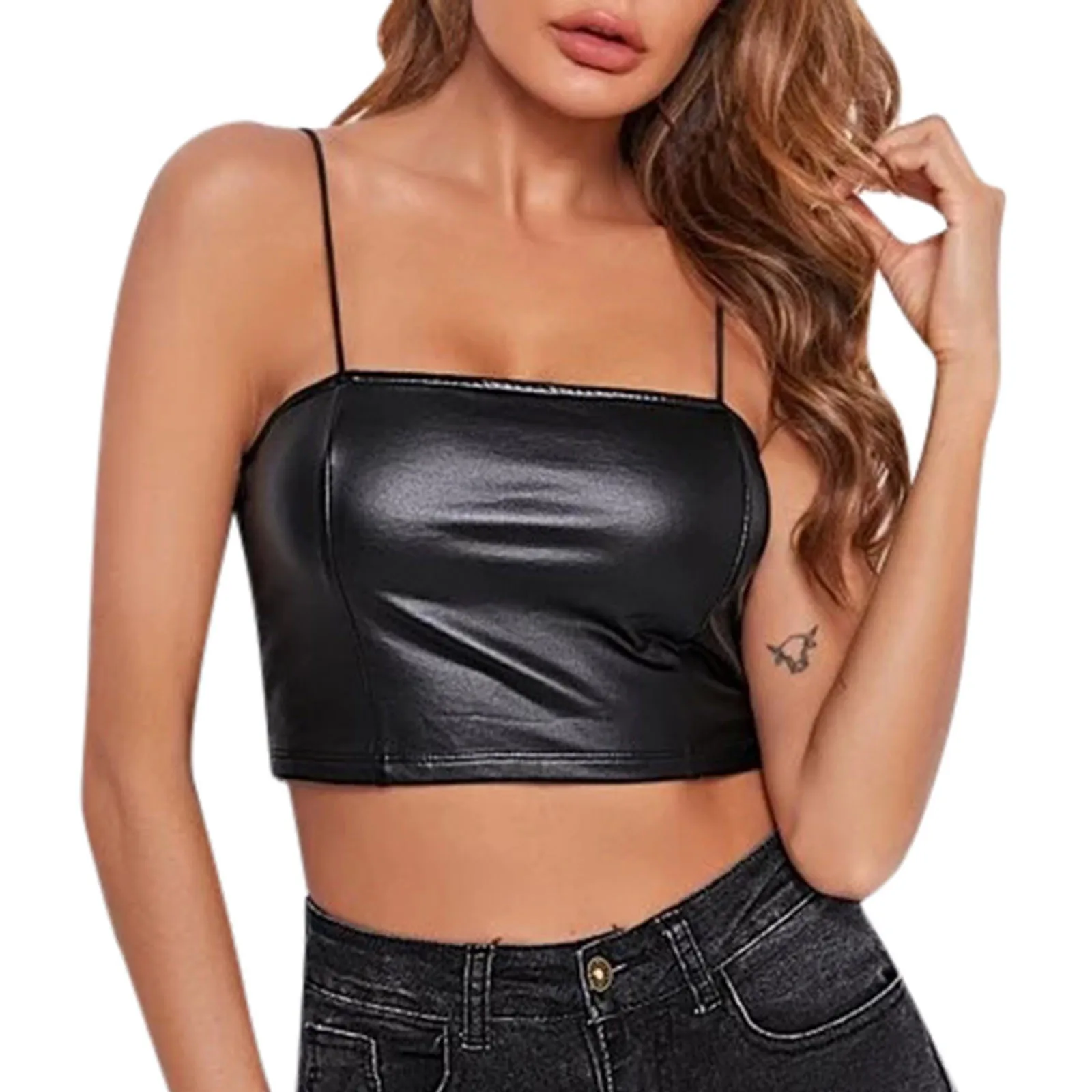 Women's Solid Color Sling Style Vest Sexy Short Tank Top Ladies Sexy Leather Vest Women's Fashion Short Sleeveless Top Clothing
