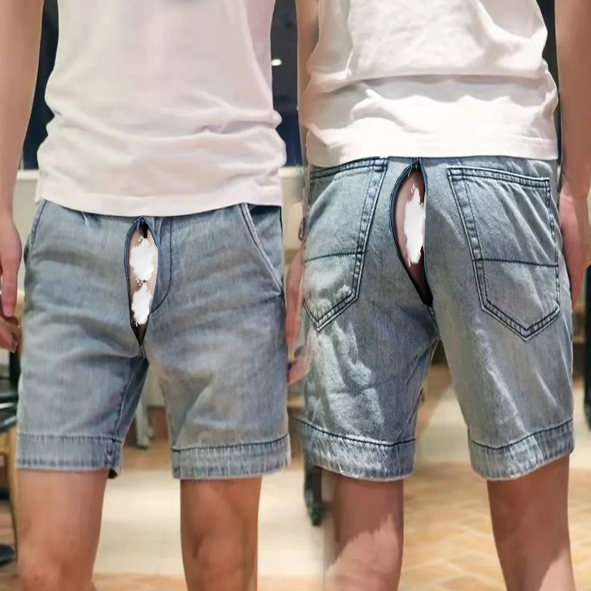 Ripped Denim Shorts Men's Invisible Open-Seat Pants Jeans Male 2023 Summer New Korean Style Trendy Ins All-Match Denim Shorts