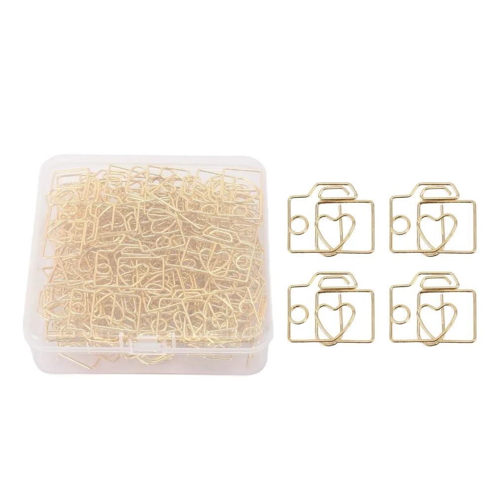 80PCS 카메라 모양의 종이 클립 골드/로즈 골드 보관 상자 포함 종이 클립 다기능 29*25mm 금속 종이 클립 사무실 홈