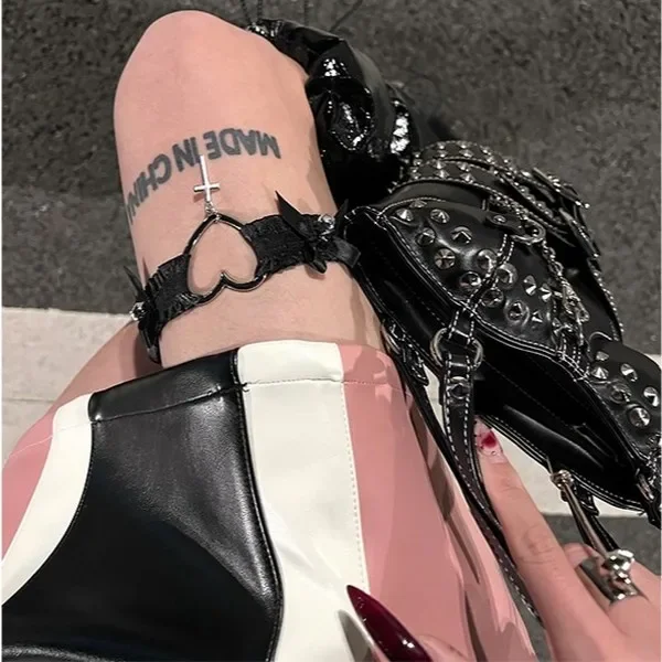 섹시한 레이스 보우 가터 펑크 할로우 하트 크로스 초커 다리 링 스트랩 여성 탄성 가터 고딕 속박 란제리 코스프레 소품 - AliExpress