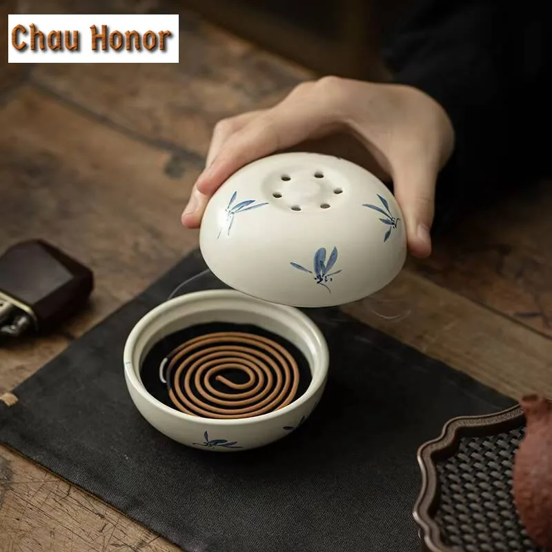Japanese Grass Wood Grey Ceramic Plate Incense Holder Handmade Mist Smoking Steamers Smell Distributor Tableware Supplies Craft