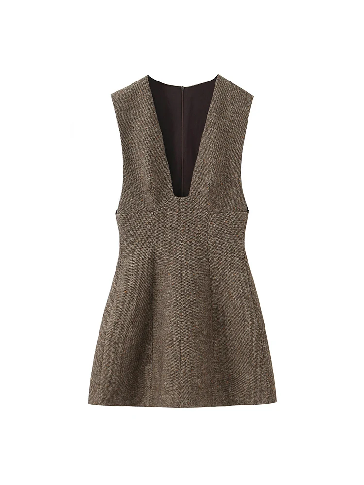 New Women's Deep V-Neck Mini Dress Fashion Sleeveless Sexy Elegant Office Ladies Simple Style Casual Vintage Commuting Dress