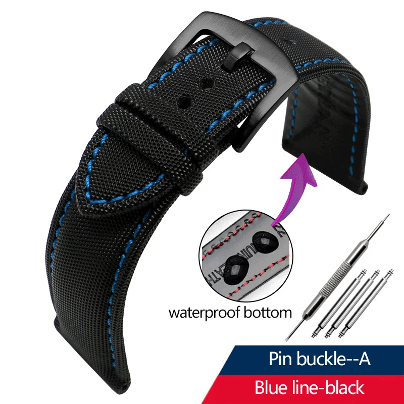 Correa de reloj de lona de nailon de 20 mm, 21 mm y 22 mm con base de cuero para Seiko No. 5 Water Ghost Citizen BM8475 Tudor Black Shield Bracelet