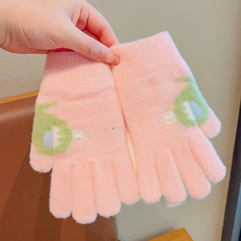 New Children Cute Knitting Cherry Heart Animals Soft Five Finger Gloves Boys Girls Outdoor Warm Gloves Kids Colors