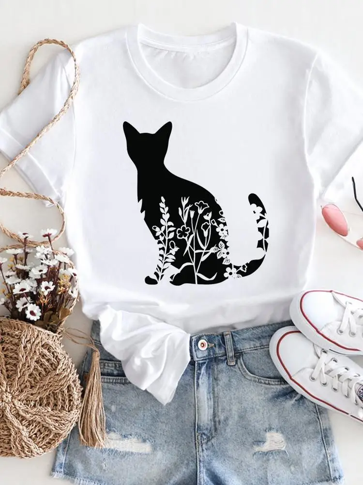 

Women T-shirt Cat Lovely Style Trend Cute Top Fashion Tees Print Casual Clothing Summer Wear Short Sleeve Female Graphic T Shirt