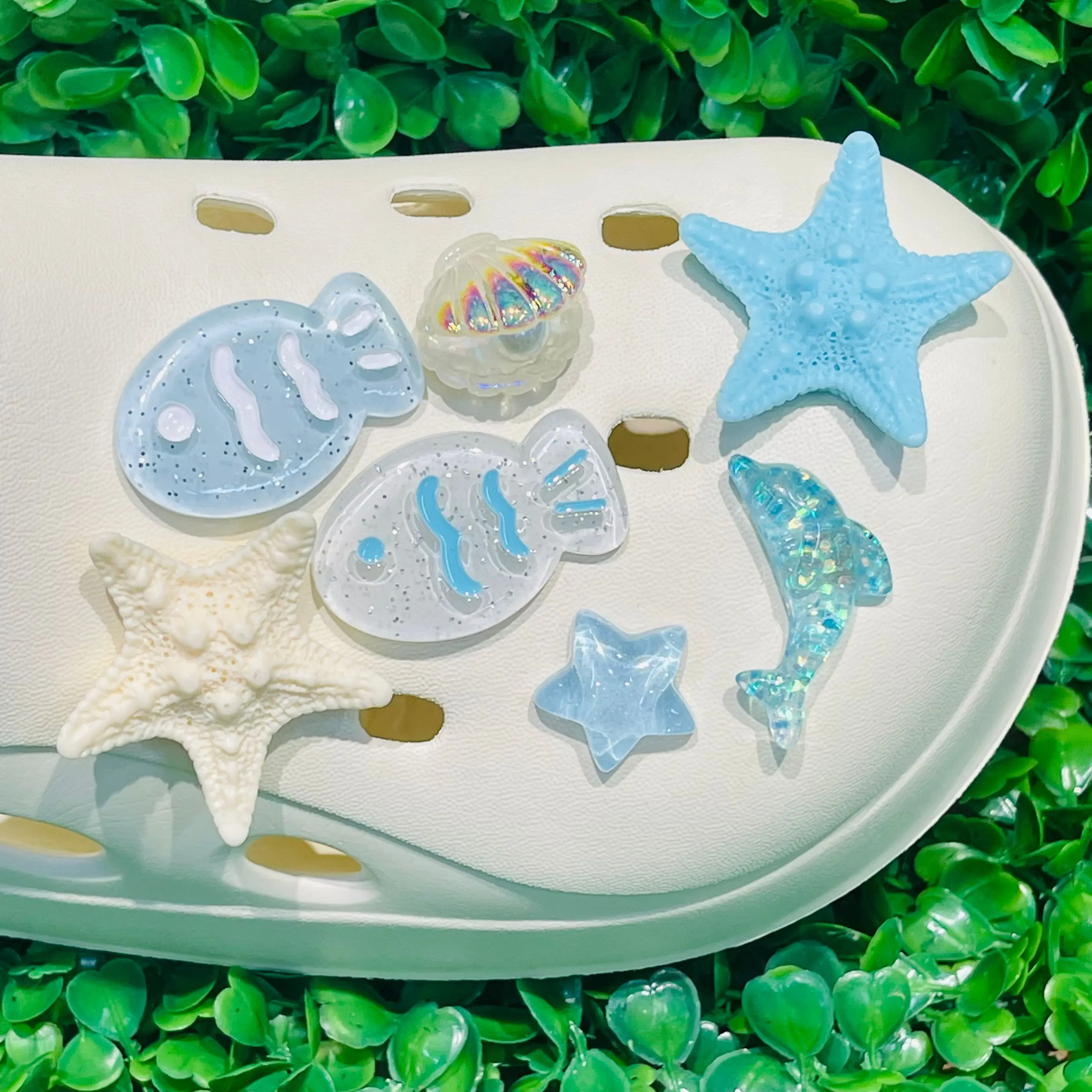 1-7PCS 여름 바다 물고기 돌고래 불가사리 쉘 진주 수지 구두 매력 나막신 핀 정원 신발 단추 액세서리 장식