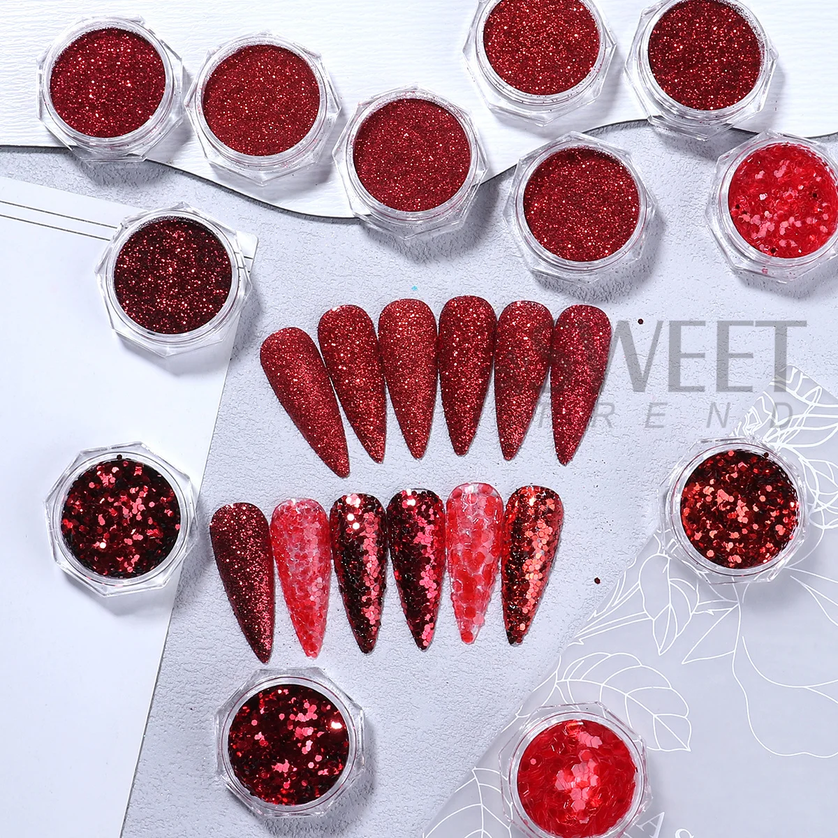 12pcs Reflective Red Nail Glitter Sequins New Year Style Hexagon Slices Spangles Happy Festive Valentine's Manicure Paillettes