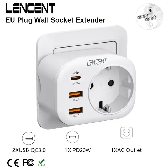 LENCENT EU Plug Wall Socket Extender with 1
