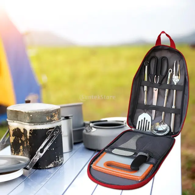 7pcs Camping Kitchen Utensil Set with Carrying Bag BBQ Beach Hiking Travel  Organizer Storage Pack Cook Gadgets Equipment Gear