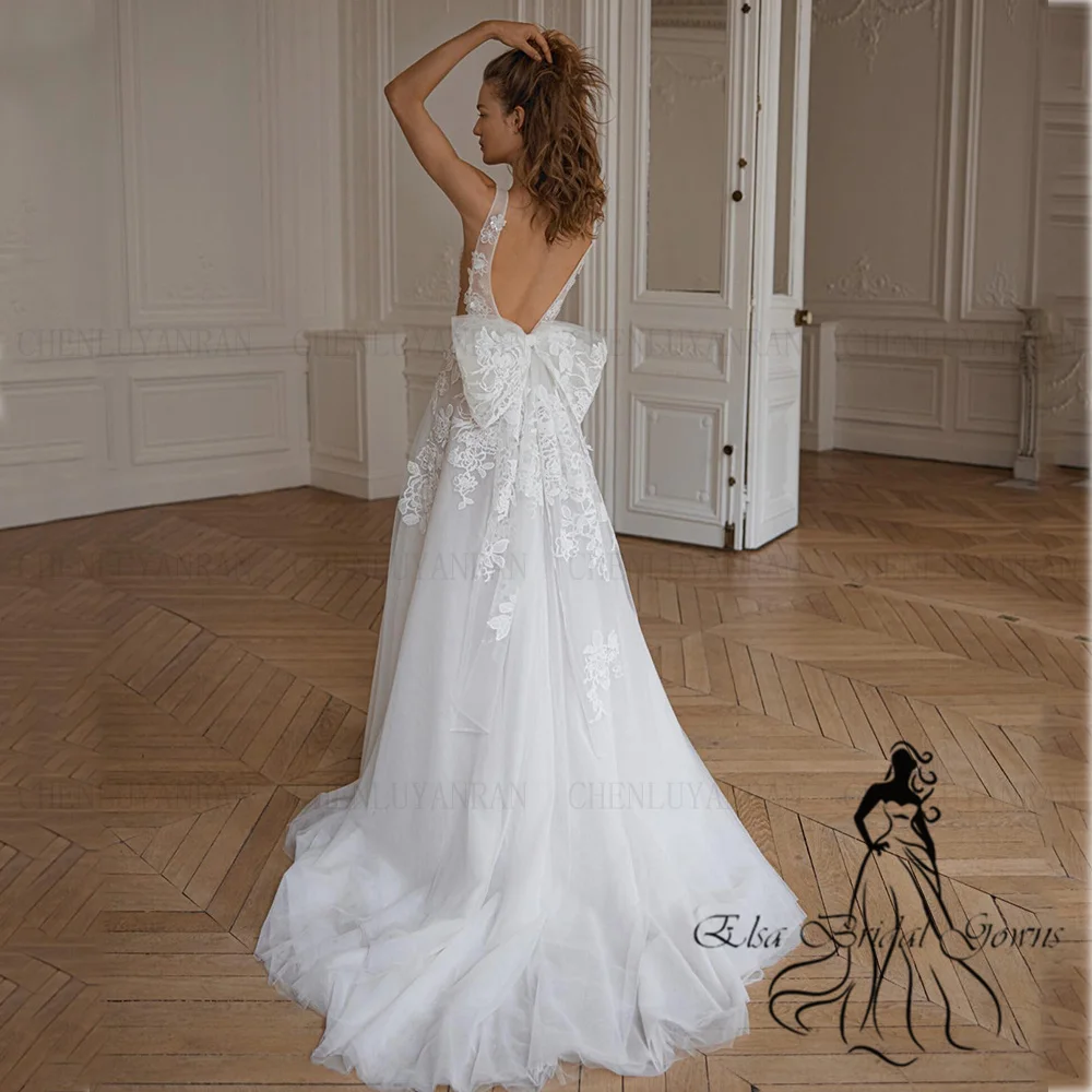 

Backless Sexy Wedding Dresses V-Neck Elegant Long Bride Dresses Applique Sweep Train Dresses For Women 2023 Robe De Mariée