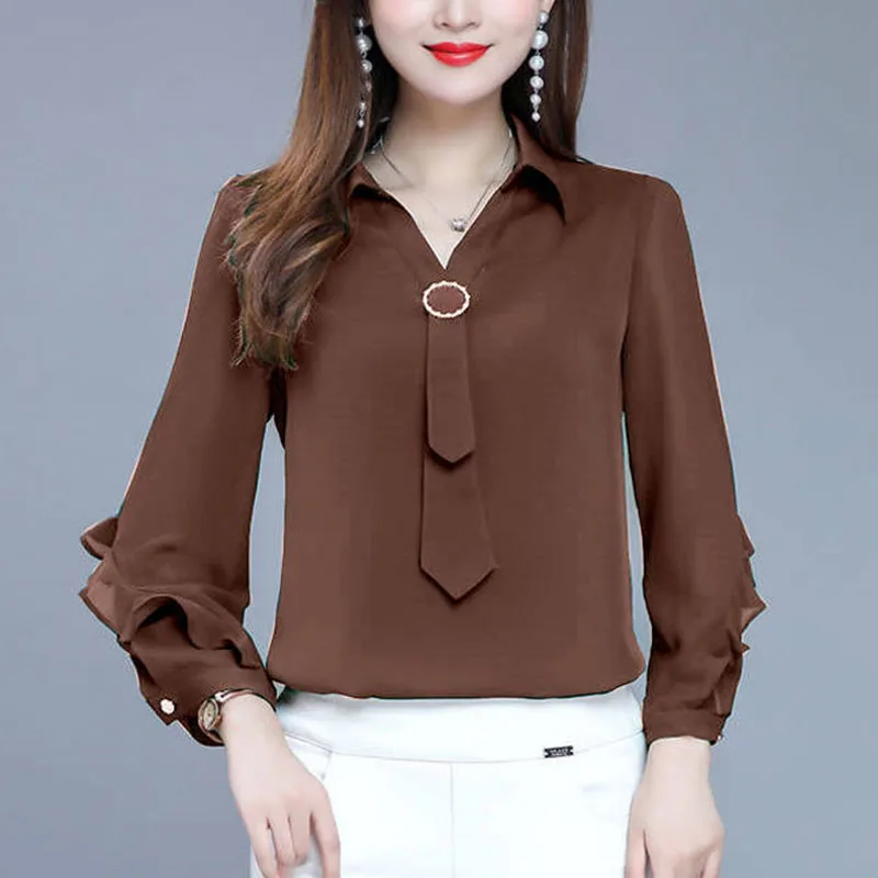 Camicia casual elegante a fantasia floreale con scollo a V e volants d– Moda Mania