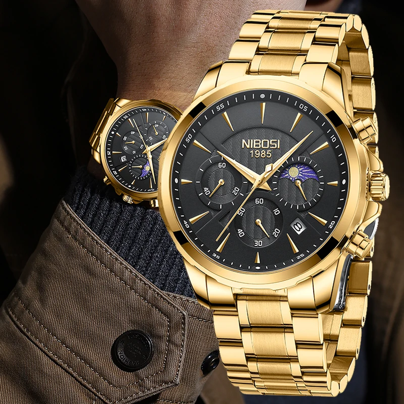 

NIBOSI Watch Men Brand Luxury Gold Quartz Military Watches Waterproof Date Luminous Stainless Steel Chronograph Men Clock Reloj