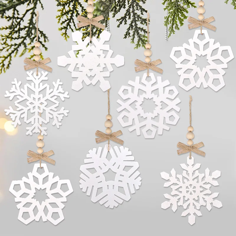 6pcs White Snowflakes Wooden Ornament Xmas Tree Hanging Pendants Christmas Decoration For Home New Year Holiday Crafts DIY Gift