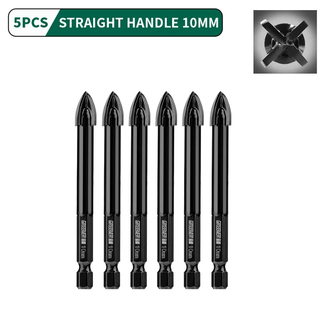 GREENER 3-12mm Four-blade Concrete Impact Glass Drill Cross Hex Tile Drilling Bit Special For Hexagonal Shank Hard Alloy Tri 10mm 5pcs