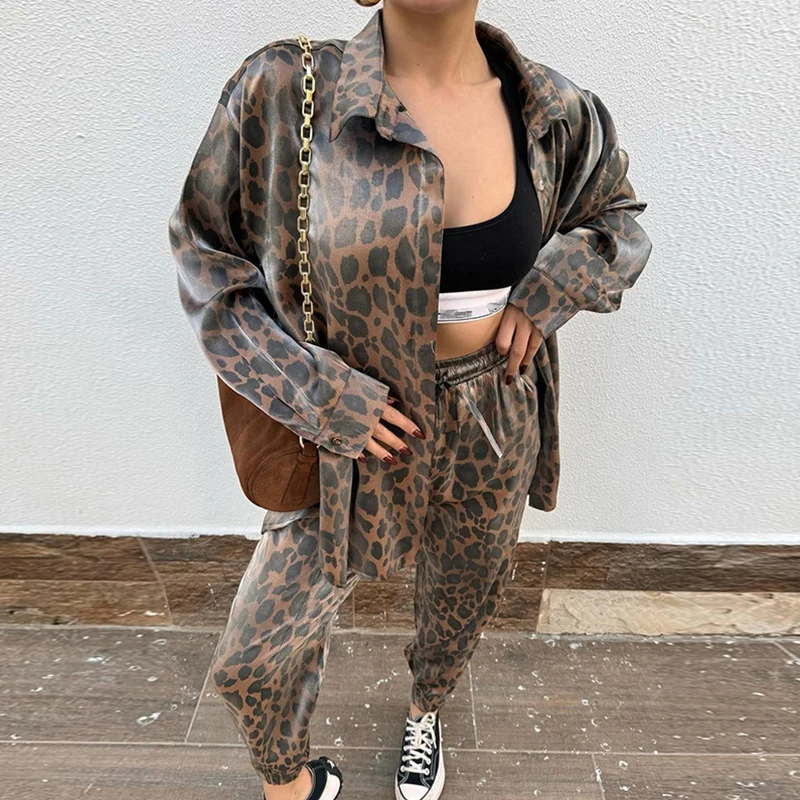 

Women Lapel Neck Button Shirt Coat & High Waist Pants Set Spring Leopard Print Vintage Suit New Autumn Long Sleeve Street Outfit