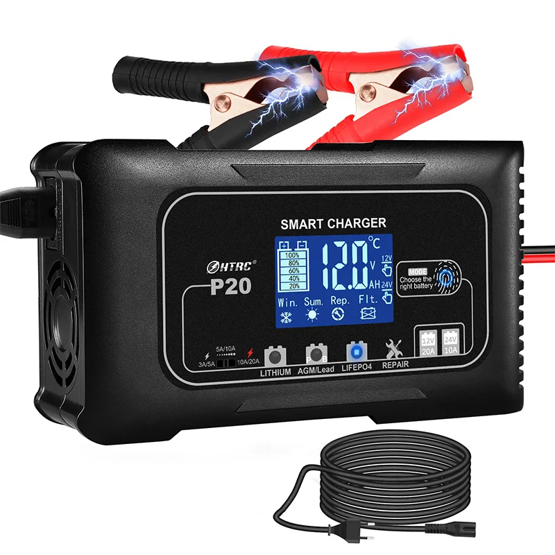HTRC P20 20A 12v-24v Car Smart Battery Charger For Motorcycle Battery Repair Auto Moto Lead Acid Agm Lithium Lifepo4 Batteries