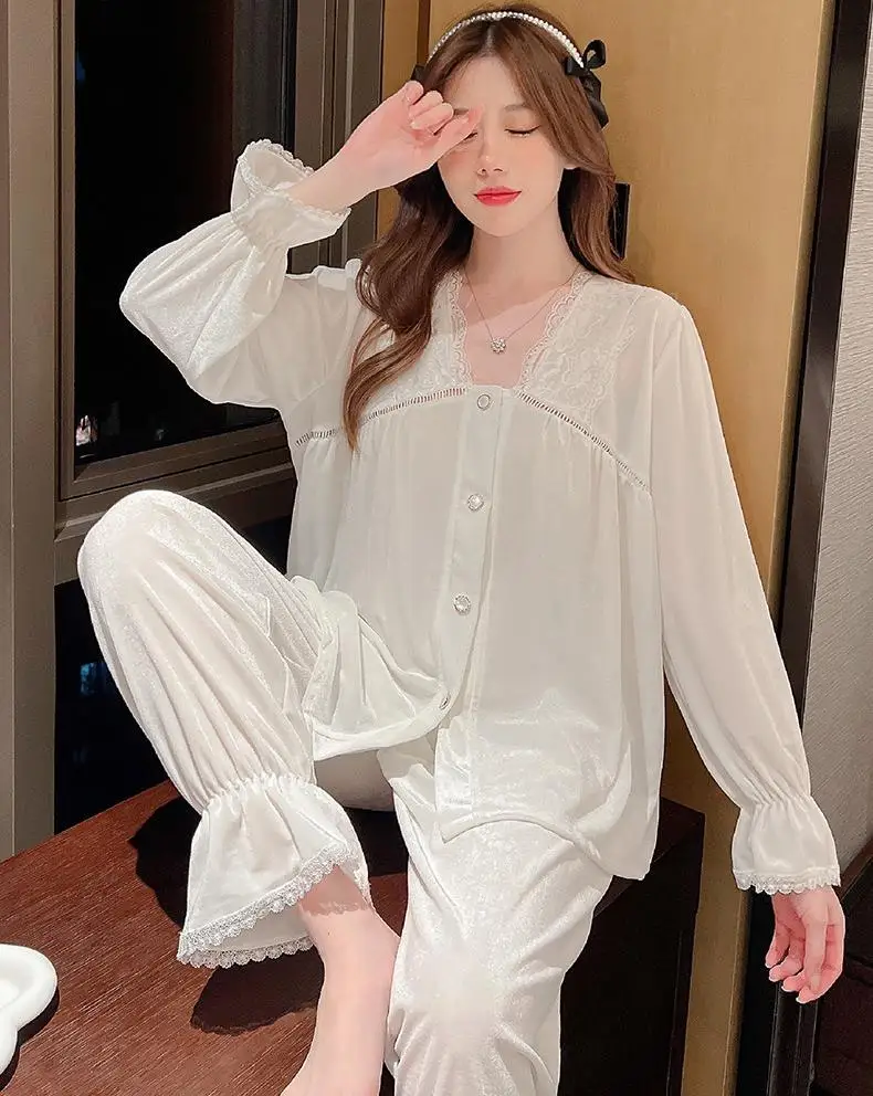 

Spring Pajamas Set Velour Lace Women Pyjamas Suit Sleepwear Nightwear Intimate Lingerie Casual V-Neck Long Sleeve Home Clothes