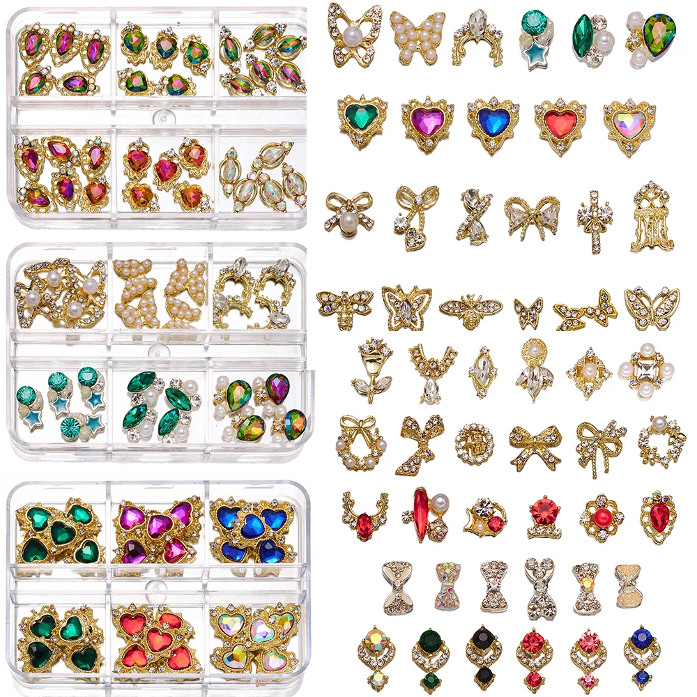 

1 Box Diamond Metal Nail Art Charms Butterfly/Heart/Bow/Snake Rhinestone 3d Nail Decorations Luxury Nails Art Jewelry