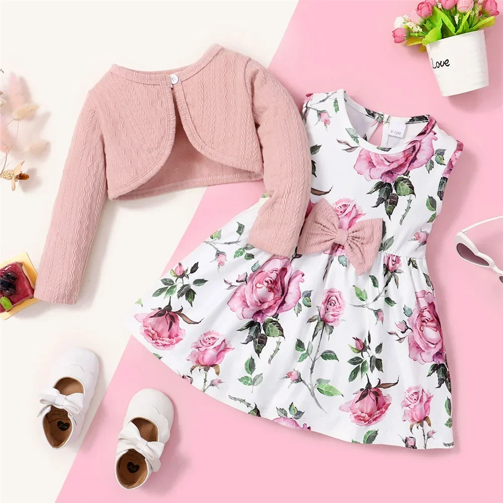 2pcs-toddler-girl-dress-set-long-sleeved-plain-color-overcoat-floral