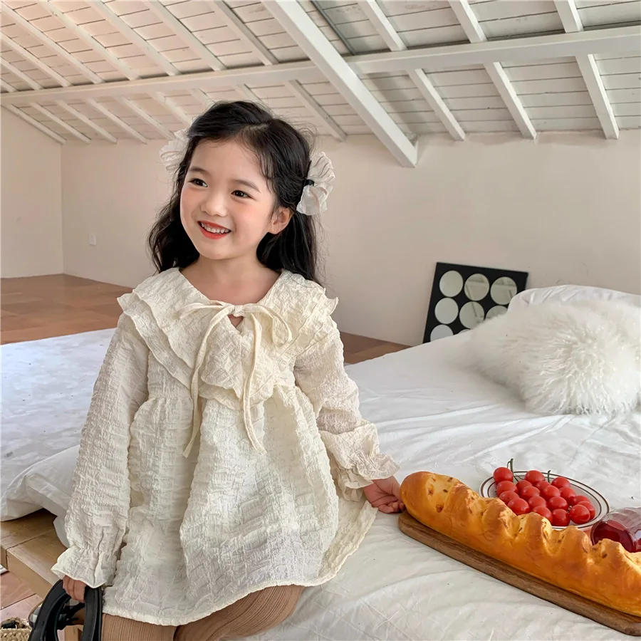 

Girl Shirt Sweet Lace Shirt 2023 Autumn New Children's Crepe Blouse Girls Chiffon Lapel Doll Blouse Sweet Ruffled Collar