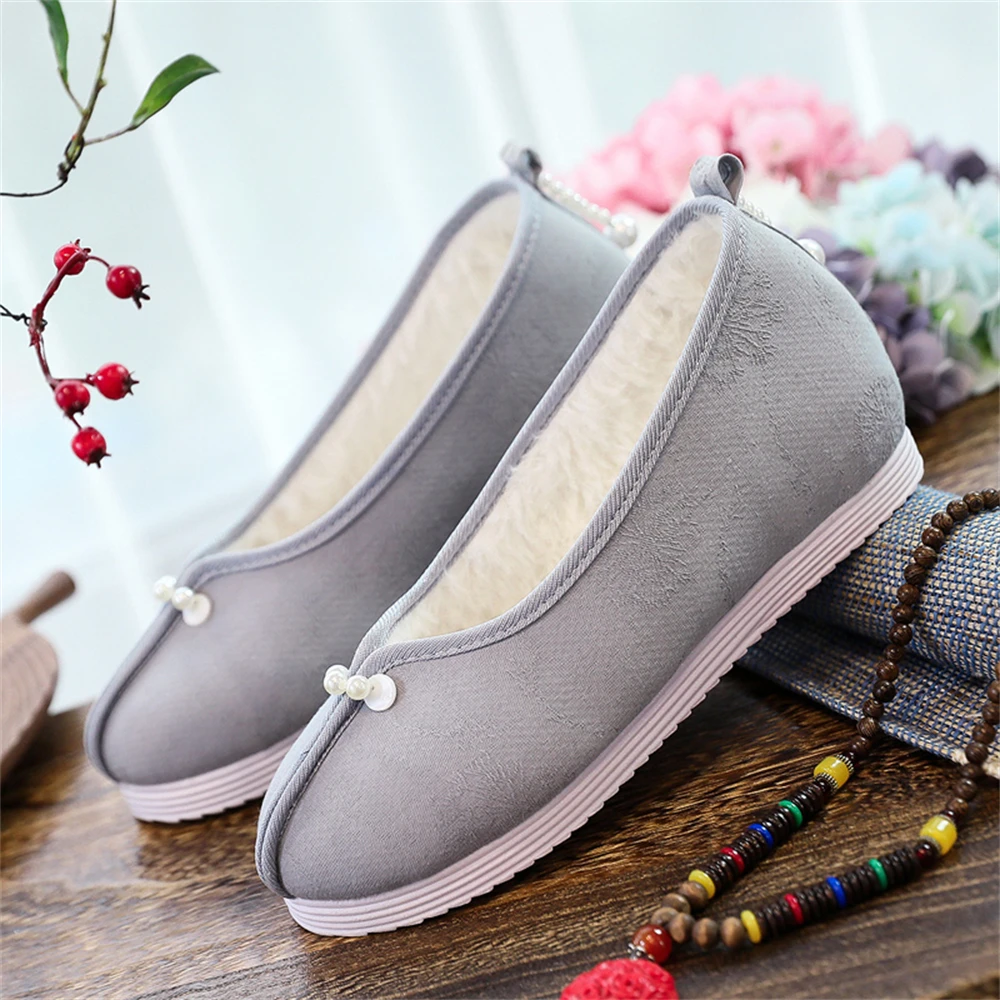 Autumn Winter Ancient Style Hanfu Shoes 1 pair Solid Color Thickened Shoes Hidden Heels Round-headed Single Shoe Women Girl Gift cosplay shoes